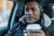 © Fotograf - A person sitting in a vehicle sipping a cup of hot beverage, suitable for use as a background or illustration for articles about daily routines, commuting, or relaxation