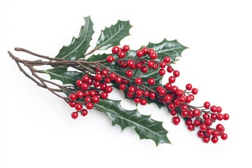 Sticker - A close-up photo of a branch of holly with bright red berries against a clean white background