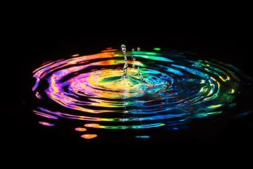 Vibrant rainbow water droplet impact, creating concentric ripples on dark surface.