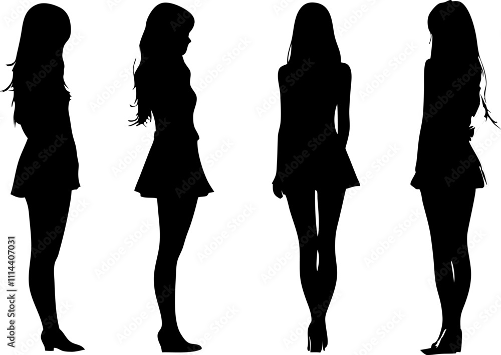 Four vector silhouettes of young women posing wearing short skirts ...