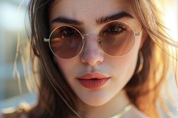 A close-up shot of a person wearing trendy sunglasses