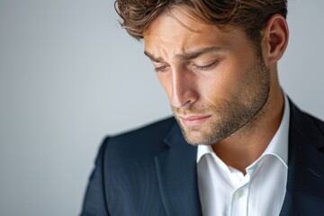 Poster - A businessman looks down at his tie, possibly checking the knot or adjusting its position