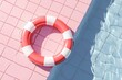 © Roey - Top View of Red and White Life Buoy Ring Floating on Pastel Blue Pink Tiled Pool. Minimalist Summer Illustration with Cinematic Lighting.
