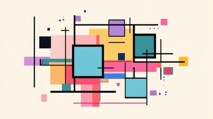 Wall Mural - An abstract minimalist pixel art design featuring colorful squares and lines arranged in a balanced composition