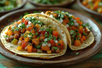 A plate with two tacos sitting on a table