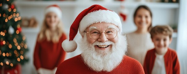 Wall Mural - Joyful santa claus spreading holiday cheer with children in festive setting surrounded by christmas decorations and lights