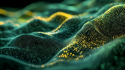 Flowing stream of binary code in green and yellow hues, representing data transfer and technology
