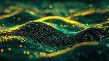 Flowing stream of binary code in green and yellow hues, representing data transfer and technology