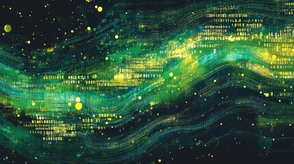 Flowing stream of binary code in green and yellow hues, representing data transfer and technology