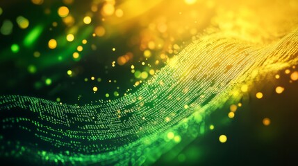 Flowing stream of binary code in green and yellow hues, representing data transfer and technology