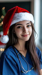 Wall Mural - Beautiful smiling nurse in santa claus hat in hospital. Merry christmas and happy new year.