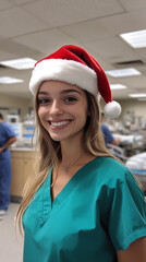 Wall Mural - Beautiful smiling nurse in santa claus hat in hospital. Merry christmas and happy new year.