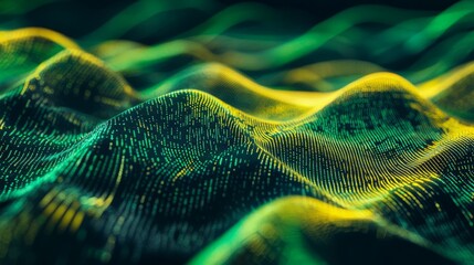 Flowing stream of binary code in green and yellow hues, representing data transfer and technology