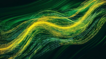 Flowing stream of binary code in green and yellow hues, representing data transfer and technology