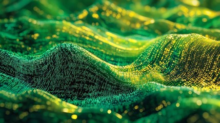 Flowing stream of binary code in green and yellow hues, representing data transfer and technology