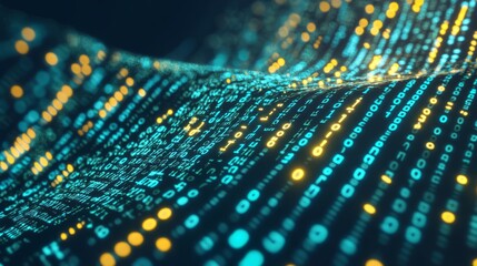 Flowing stream of binary code in green and yellow hues, representing data transfer and technology