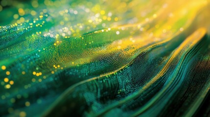 Flowing stream of binary code in green and yellow hues, representing data transfer and technology