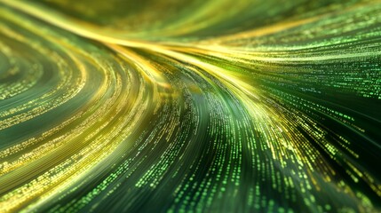 Flowing stream of binary code in green and yellow hues, representing data transfer and technology