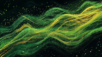 Flowing stream of binary code in green and yellow hues, representing data transfer and technology
