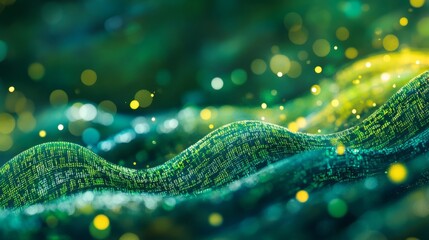 Flowing stream of binary code in green and yellow hues, representing data transfer and technology