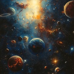 Wall Mural - Galactic scene radiating beauty through colorful planets and expansive cosmic nebula picture