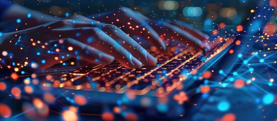 Hands Typing on Laptop with Network Connections