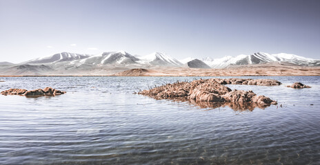 Sticker - Panorama of a high-mountain landscape, a lake and a river in the mountains flows in a mountain valley among meadows against the background of mountains, landscape in the Pamir Mountains background