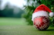 © SuriyaPhoto - Christmas Golf. Santa Hat on Tee for Holiday Season on Golf Course Background , isolated on white background,  , copy space, copy space for text,