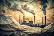 © SerPak - Environmental impact of industrial pollution on nature with smokestacks and crumpled paper texture.