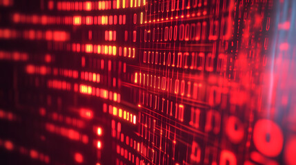 Digital data stream of binary nubers and glass fiber lines, red technology background, concept for cyber security and modern information exchange