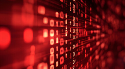 Digital data stream of binary nubers and glass fiber lines, red technology background, concept for cyber security and modern information exchange
