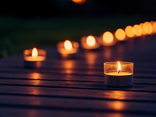 Wall Mural - A serene night scene featuring glowing candles arranged in a line on a wooden surface, creating a warm and inviting atmosphere.