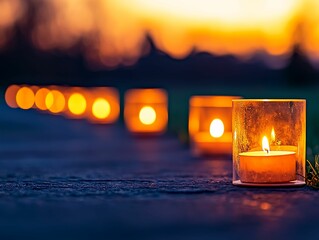 Wall Mural - a serene sunset scene featuring glowing candles lined up, casting warm light against a darkening sky