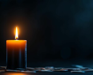 Wall Mural - A solitary candle flickers softly against a dark background, creating an intimate and serene atmosphere.