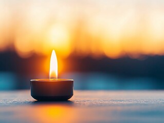 Wall Mural - A serene candle flame glows softly against a blurred sunset backdrop, creating a peaceful and warm atmosphere.