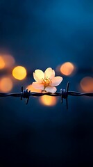 Wall Mural - A delicate flower blooms against a backdrop of soft light and barbed wire, symbolizing beauty amidst adversity.