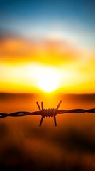 Wall Mural - a beautiful sunset framed by barbed wire, creating a contrast between nature's beauty and human-made