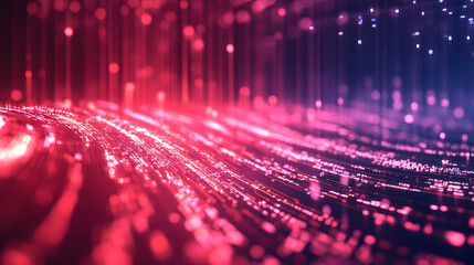 Digital data stream of binary nubers and glass fiber lines, red technology background, concept for cyber security and modern information exchange