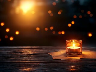 Wall Mural - A serene candle burns softly on a wooden surface, illuminated by warm, glowing lights in the background, creating a peaceful ambiance.