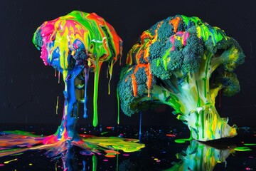 Naklejka na meble Colorful paint-splattered broccoli with black background