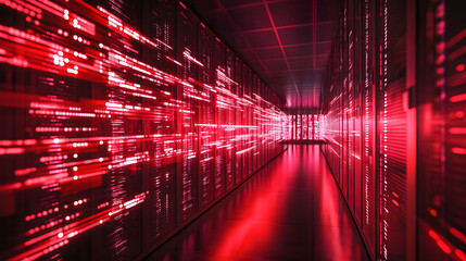 Digital data stream of binary nubers and glass fiber lines, red technology background, concept for cyber security and modern information exchange