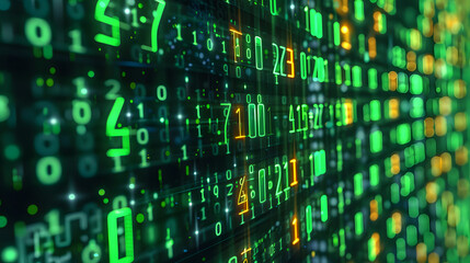 Digital data stream of binary nubers and glass fiber lines, green technology background, concept for cyber security and modern information exchange