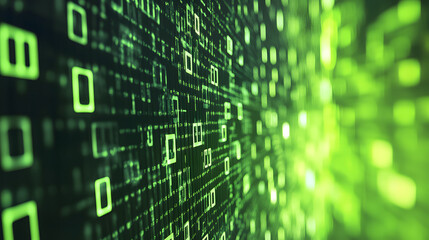 Digital data stream of binary nubers and glass fiber lines, green technology background, concept for cyber security and modern information exchange
