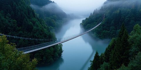 Wall Mural - serene foggy river valley with suspension bridge surrounded by lush green forest