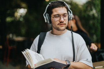 Poster - A young student wearing headphones is focused on reading a book while studying in a cozy coffee shop environment, showcasing concentration and learning in a relaxed setting.