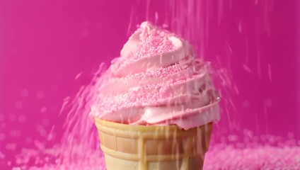 Wall Mural - pink soft-serve ice cream cone against a vibrant pink backdrop. Tiny pink sprinkles continuously fall onto the ice cream and surrounding area, creating a playful and visually appealing scene.