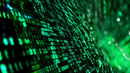 Digital data stream of binary nubers and glass fiber lines, green technology background, concept for cyber security and modern information exchange