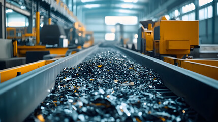 Wall Mural - industrial conveyor belt in a manufacturing facility carrying metal scraps for recycling or processi