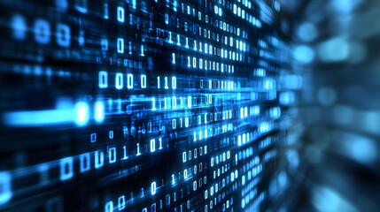 Digital data stream of binary nubers and glass fiber lines, blue technology background, concept for cyber security and modern information exchange