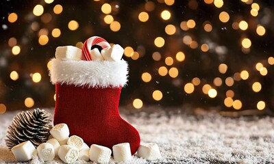 Poster - A red Christmas stocking is filled with marshmallows and a candy cane, resting on a snowy surface with warm lights in the background